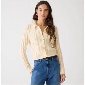 J. Crew Cable Knit Ruffleneck Cardigan Sweater Wool Butter Cream BV351 Medium
